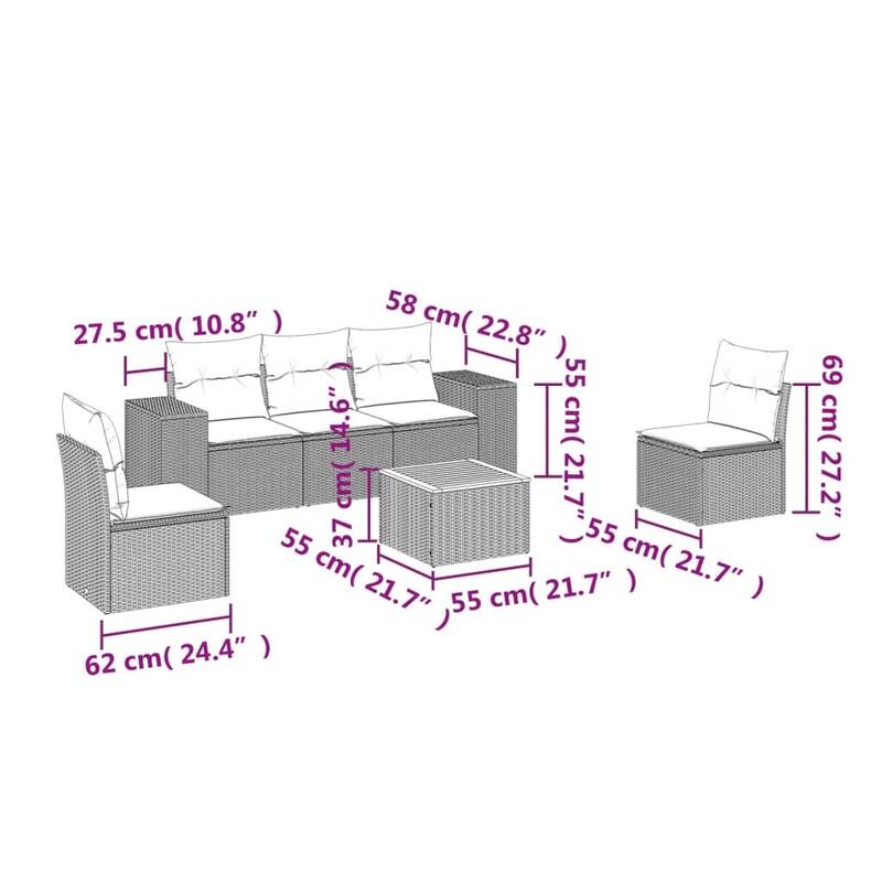 vidaXL Patio Sofa Set with Cushions Outdoor Furniture 6 Piece Poly Rattan - 21.7 x 21.7 x 14.6