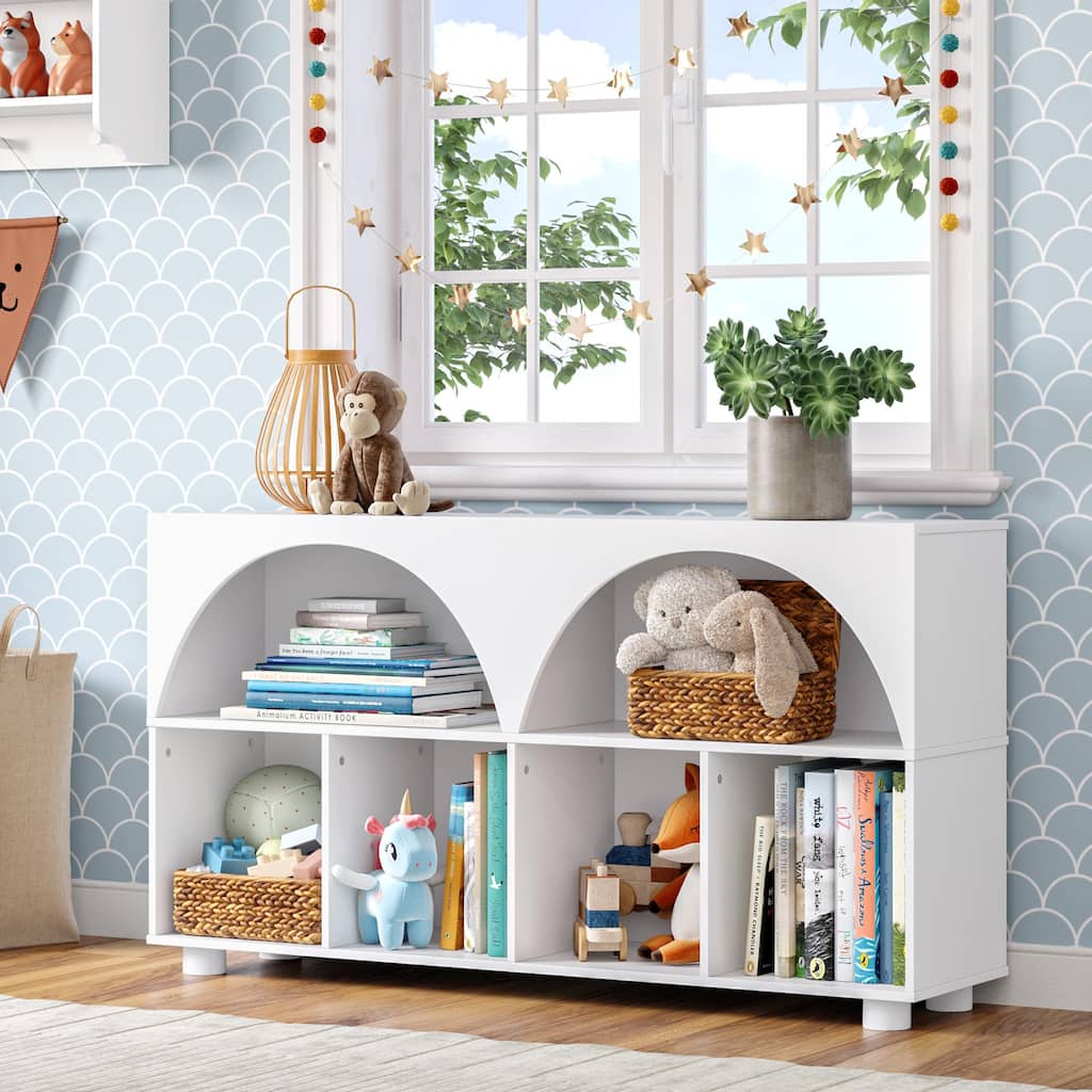 RiverRidge Kids Curve Appeal 46" Bookcase with 4 Cubbies and Arched Design -Bookshelf Toy Storage Organizer -White/Optional Bins
