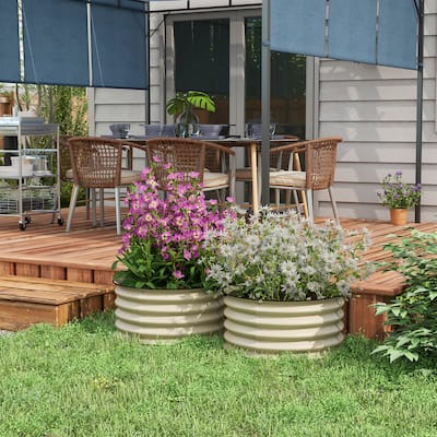 Outdoor Planter Box Set of 2, Round Raised Garden Bed Galvanized Elevated Garden Boxes for Planting Vegetables Flowers, White