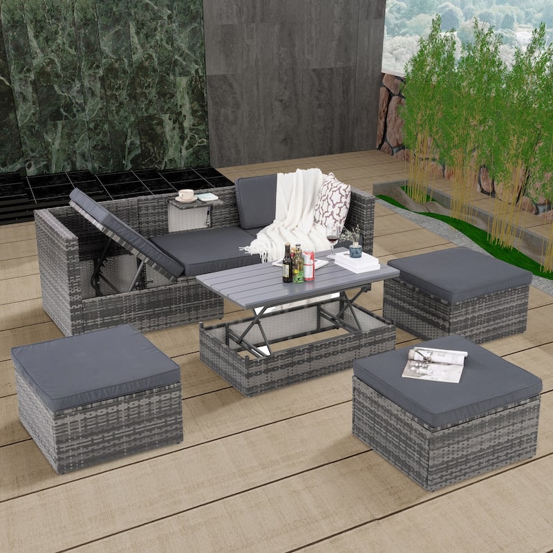 5-Piece Patio Furniture, Outdoor Furniture, Wicker Furniture with Plywood Coffee Table and lift Coffee Table