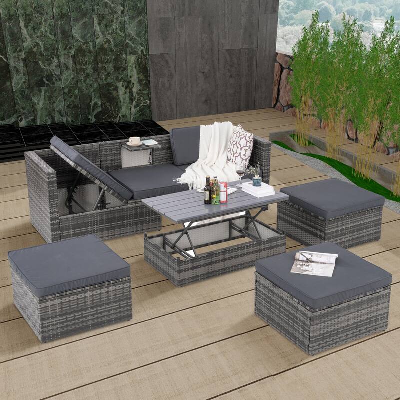 GDFStudio - 5-Piece Outdoor PE Wicker Patio Set with Lift-Top Plywood Coffee Table & Lounger Sofa