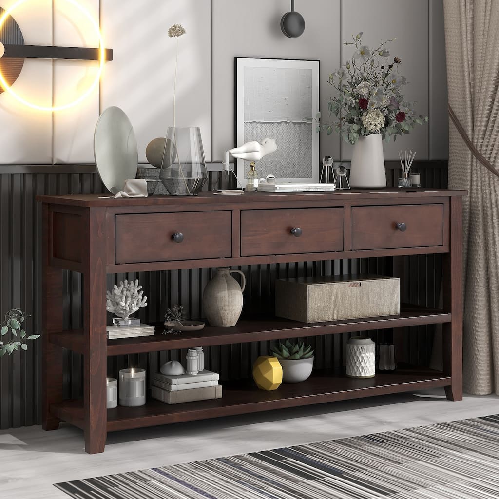 Retro Design Console Table with Two Open Shelves, Pine Solid Wood Frame and Legs (Espresso)