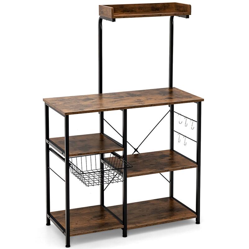 SUGIFT 4-tier Kitchen Baker's Rack with Basket and 5 Hooks - Brown