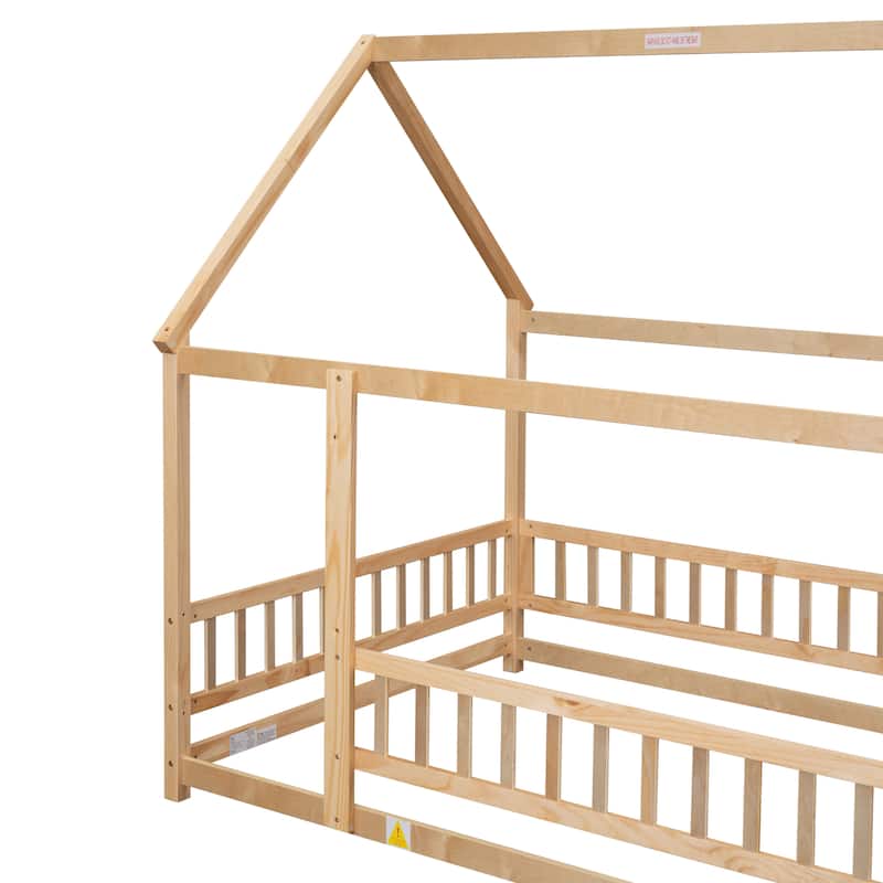Floor Wooden Bed with House Roof Frame