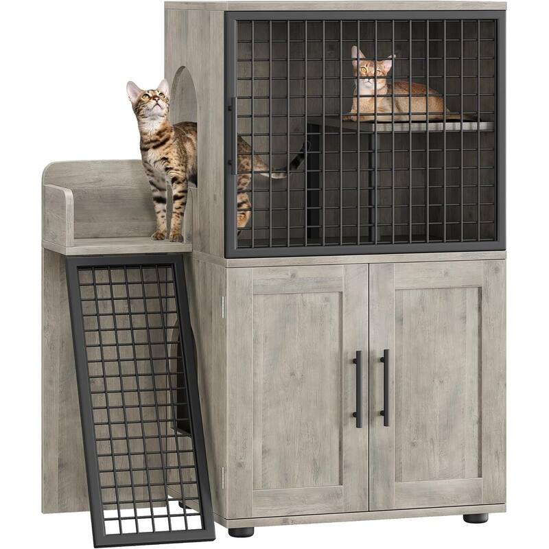 Litter Box Enclosure with Cat House - Grey