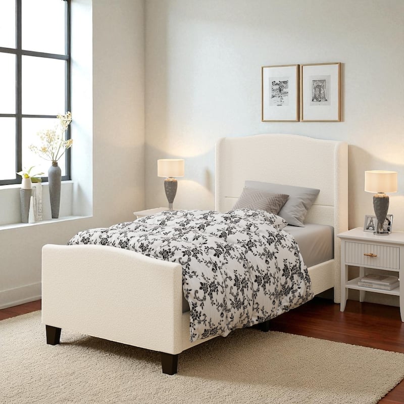 Twin/Queen/King Platform Bed, 49.21 in Upholstered Headboard, Teddy Velvet, 12-Slat Support, Solid Wood Legs, White