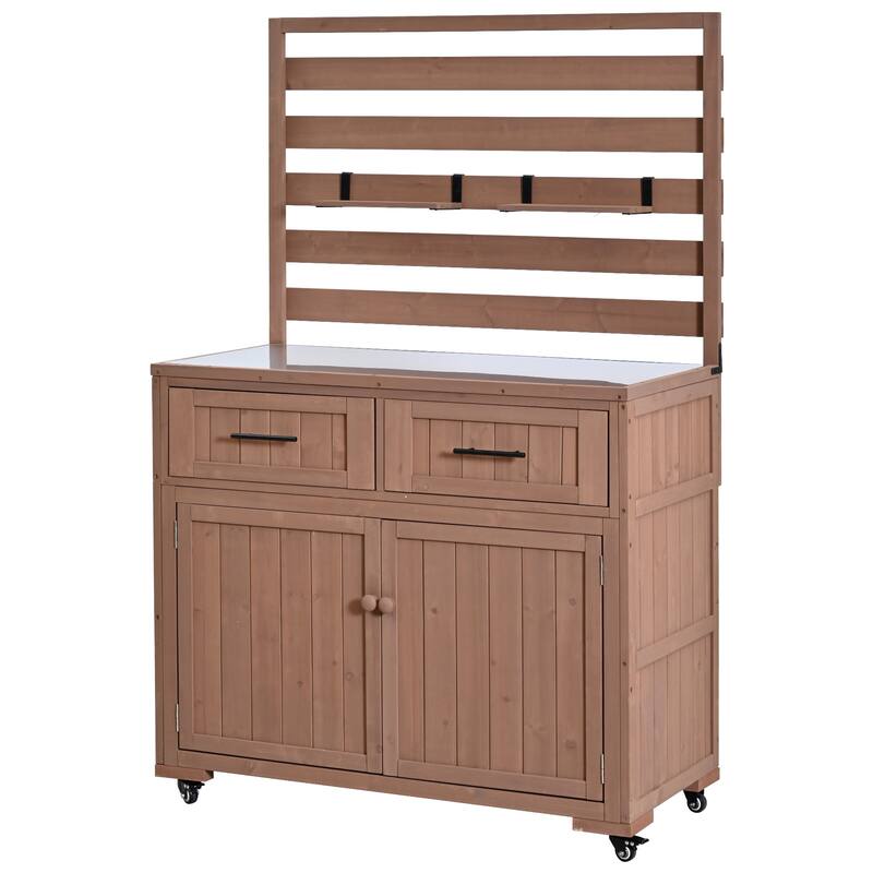 Solid Wood 64.9''Tall Outdoor Kitchen Island Kitchen Cart, Garden Potting Bench with Stainless Table Top for BBQ