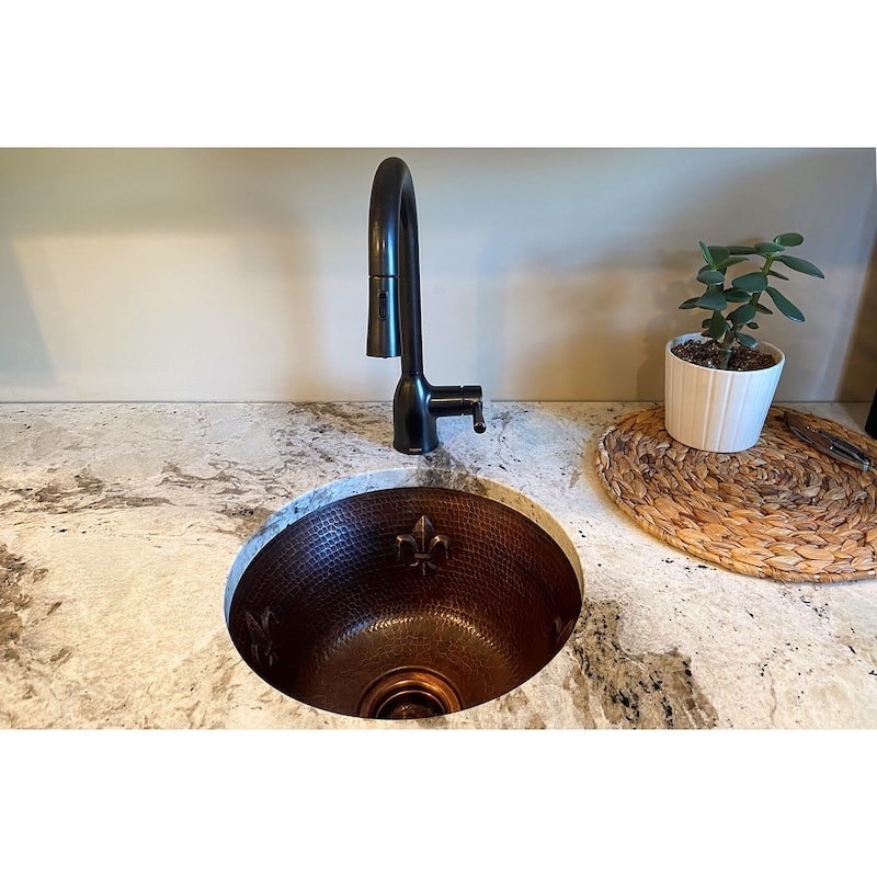 16-in Round Copper Bar Sink w/ Fleur De Lis and 2-in Drain Opening (BR16FDB2)