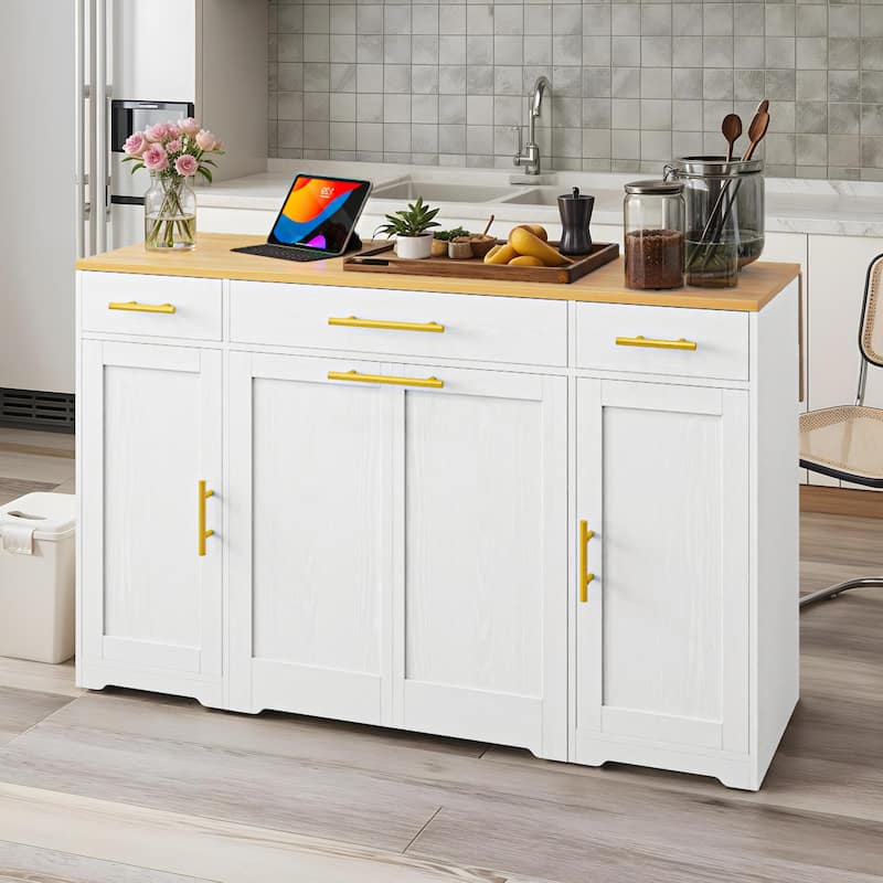 Moasis 55-inch Drop Leaf Kitchen Island With Pull Out Trash Can Storage Cabinet