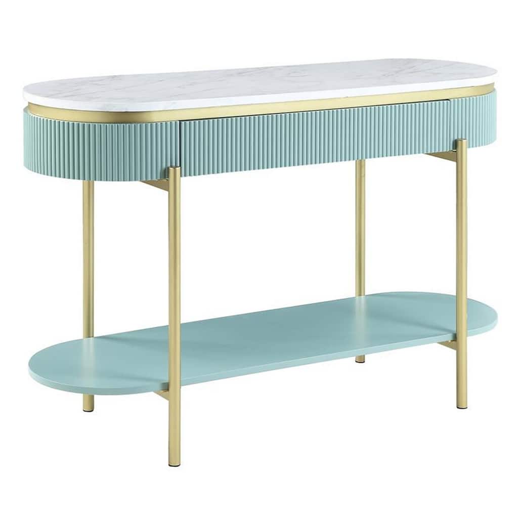 Ville 48 Inch Sofa Console Table, White Faux Marble Top, Teal Reeded Edge