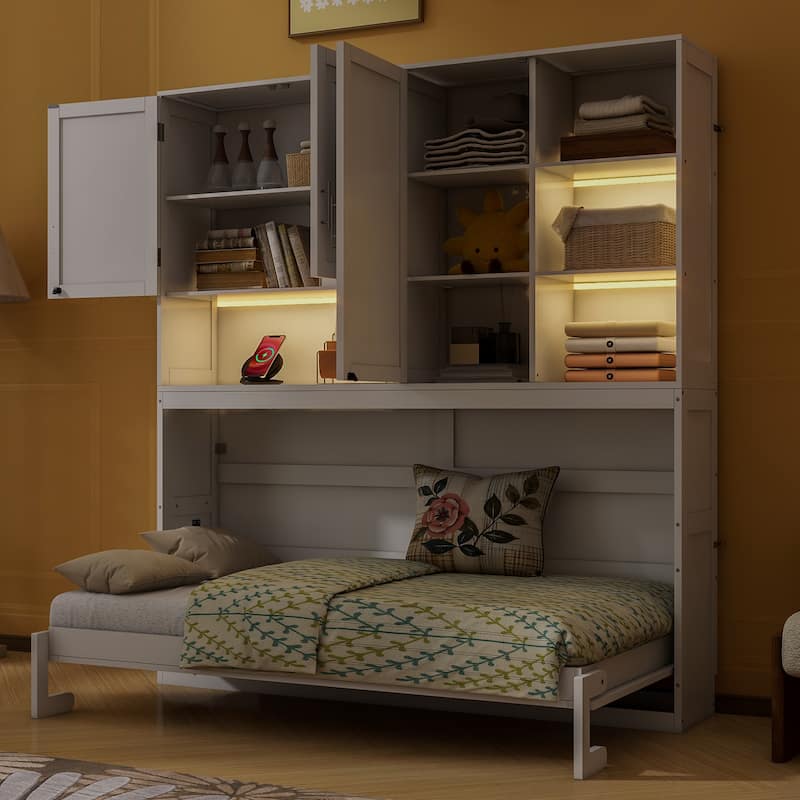 Twin/Full Size Murphy Bed Wall Bed with Top Cabinet, Shelves, Light, USB, and Storage, Space-Saving Foldable Design