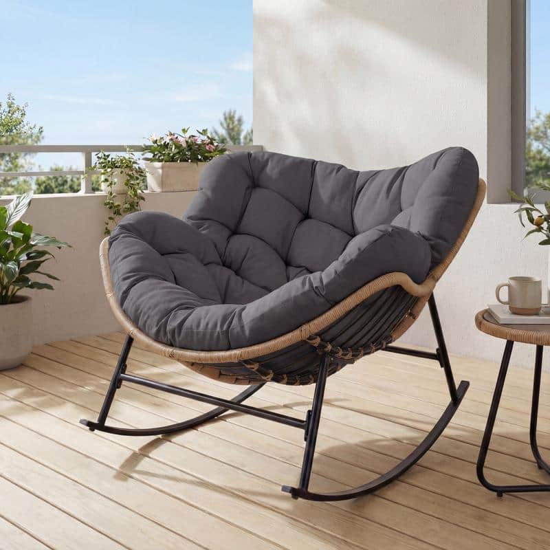 Oversized Indoor Outdoor Royal Papasan Rocking Chair, Patio Egg Rocker with Cushions, 450 lb Capacity - 1 PC-Grey