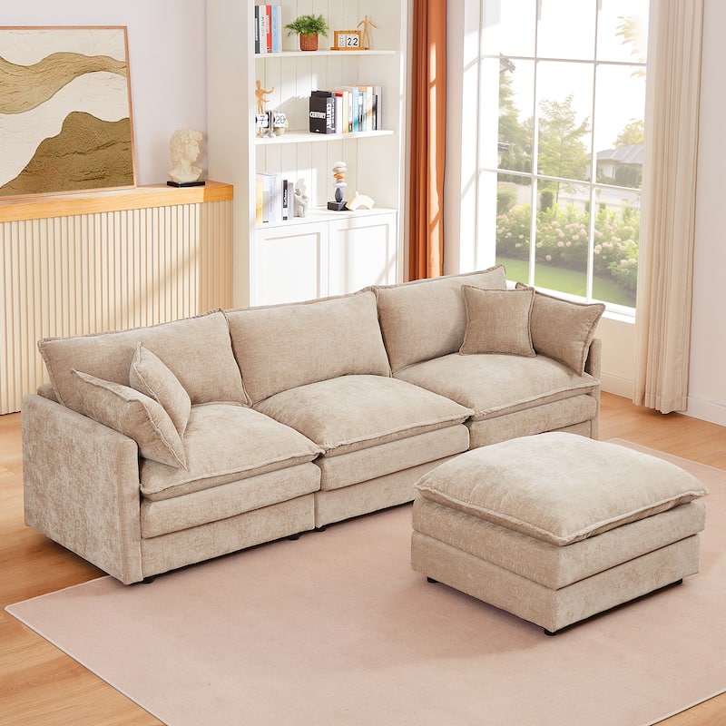 105" Chenille Modular Sectional Sofa L Shaped 3-Seater Couch Set with Movable Ottoman and 2 Pillows