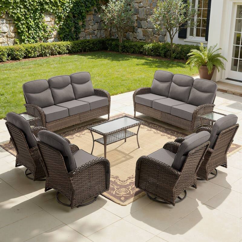 Meyreso 9-Piece Wicker Patio Conversation Set with Swivel Gliders and 6-Inch Thick Olefin Cushions - Brown Wicker - Gray Cushions