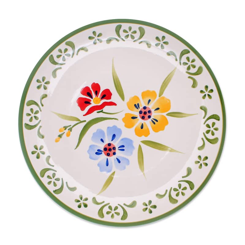 Novica Handmade Primrose Path In Green Ceramic Luncheon Plate