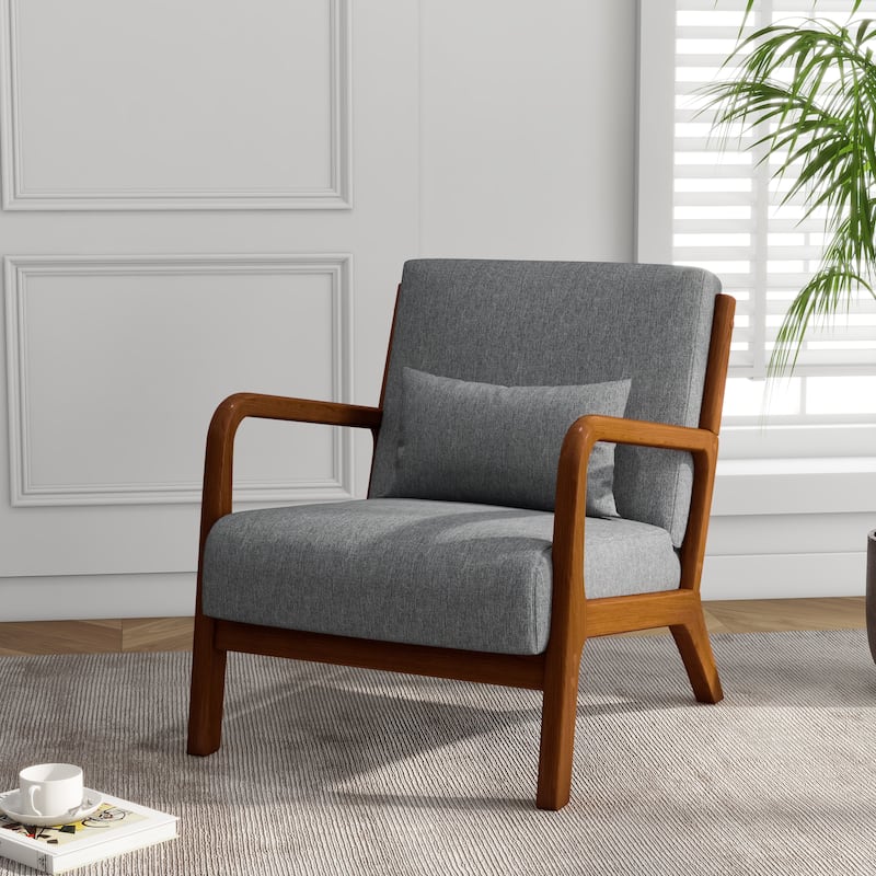 Mid Century Solid Wood Upholstered Accent Chair - GRAY/Linen/BROWN WOOD HIGH SIDE FRAME
