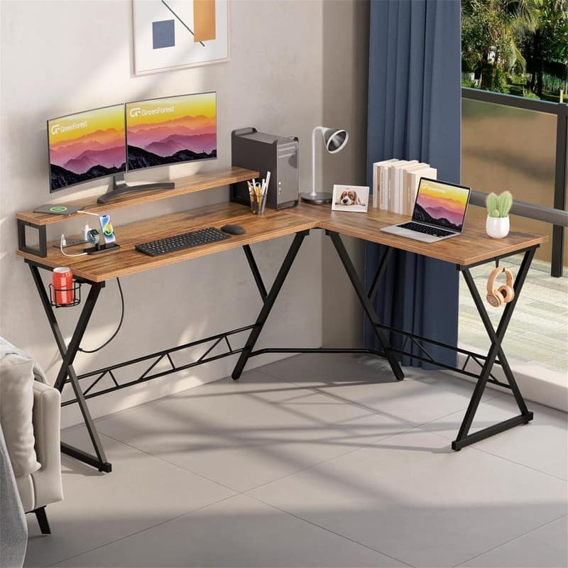 L Shaped Gaming Desk with Power Outlets