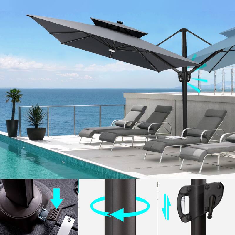 VredHom 9 x 11ft Outdoor Rectangular Dual Top Cantilever Patio Umbrella LED Light