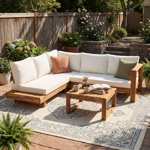 Christopher Knight Home - Outdoor Acacia Wood 3-Seater Sofa with Rope Arms and Cushions