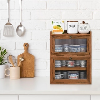 Rustic Wooden 2-Tier Countertop Storage Cabinet with Wavy Glass Doors, Cupboard Organizer with Removable Bamboo Tea Tray - S