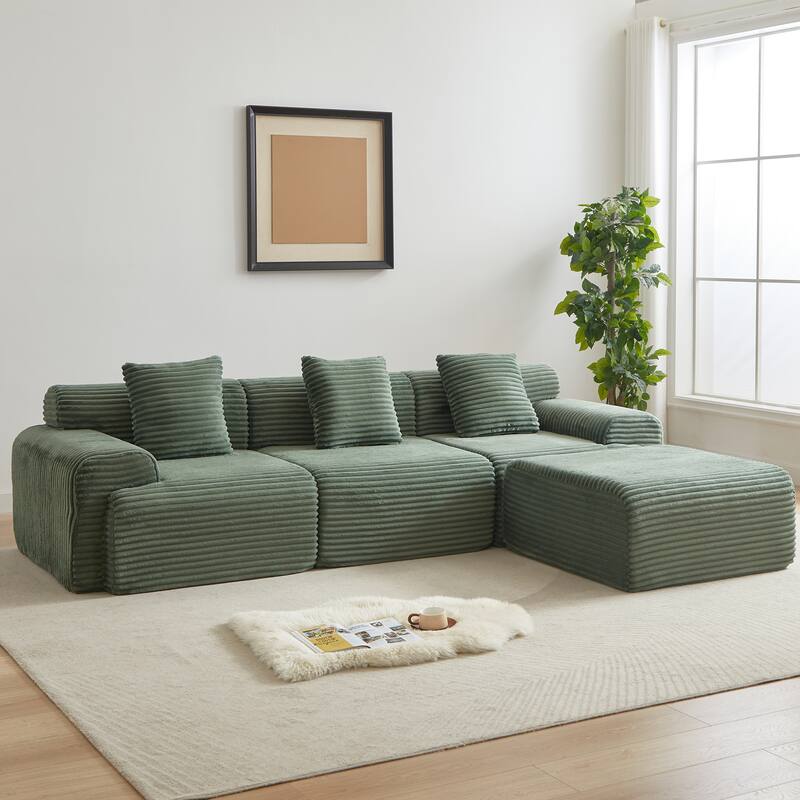 L-Shaped Modular Sectional Sofa with Ottoman, Corduroy Upholstered Boneless Couch, Deep Seat Sofa with Throw Pillows