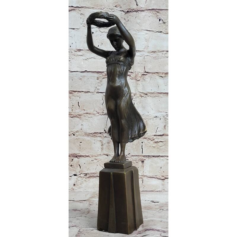Greek Roman Art Sculpture Woman Holding Up Laurels Wreath Crown Bronze Figure Statue