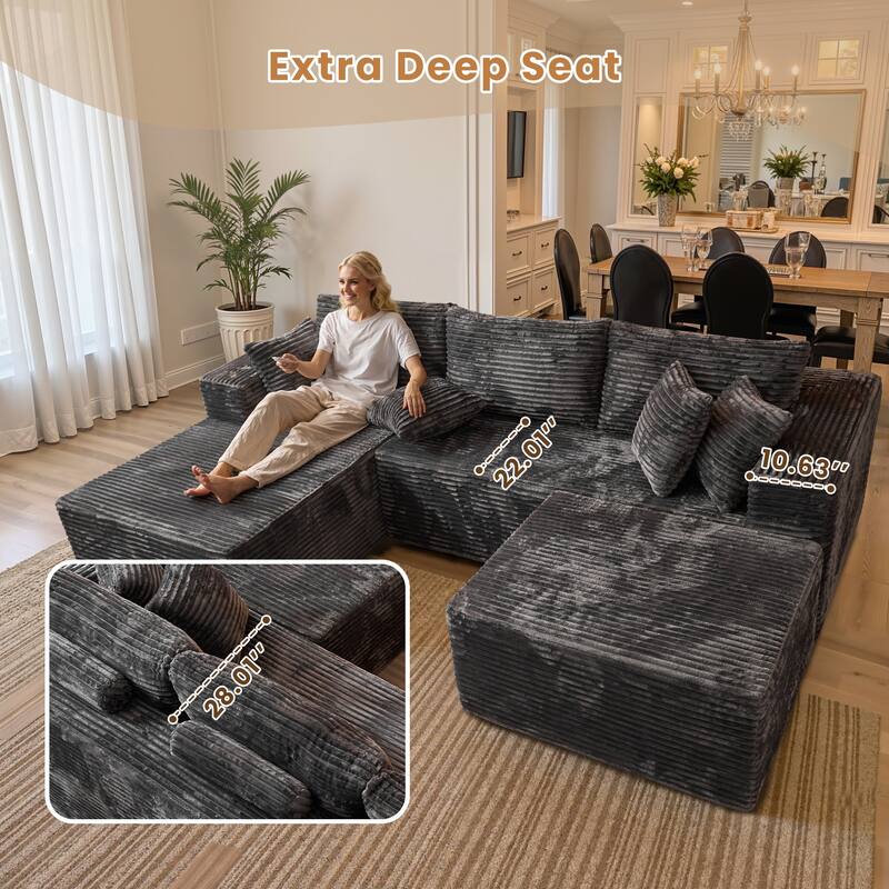 HOOOWOOO Modern Plush Corduroy L-shaped Sofa Chaise Lounge with Ottoman