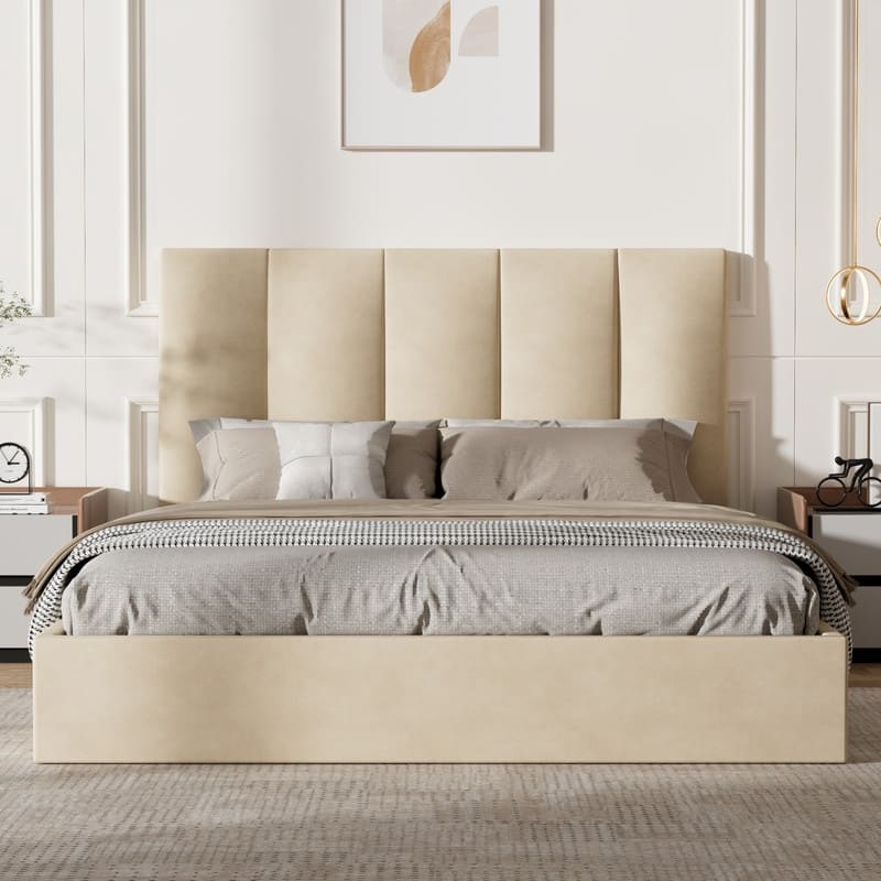 Modern Upholstered Lift-Up Storage Platform Bed with Headboard