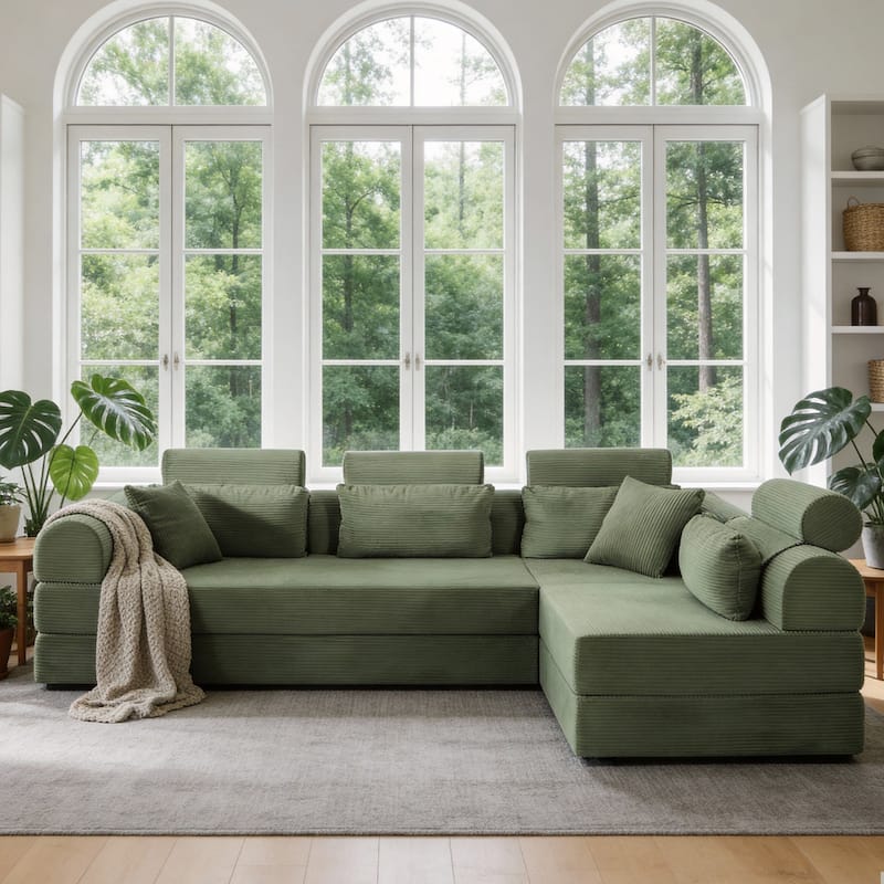 L shape Modular Sectional Sofa, Compressed Sectional Sofa Corduroy Couch, Unfold into a bed, Comfy Compressed Sofa Couch