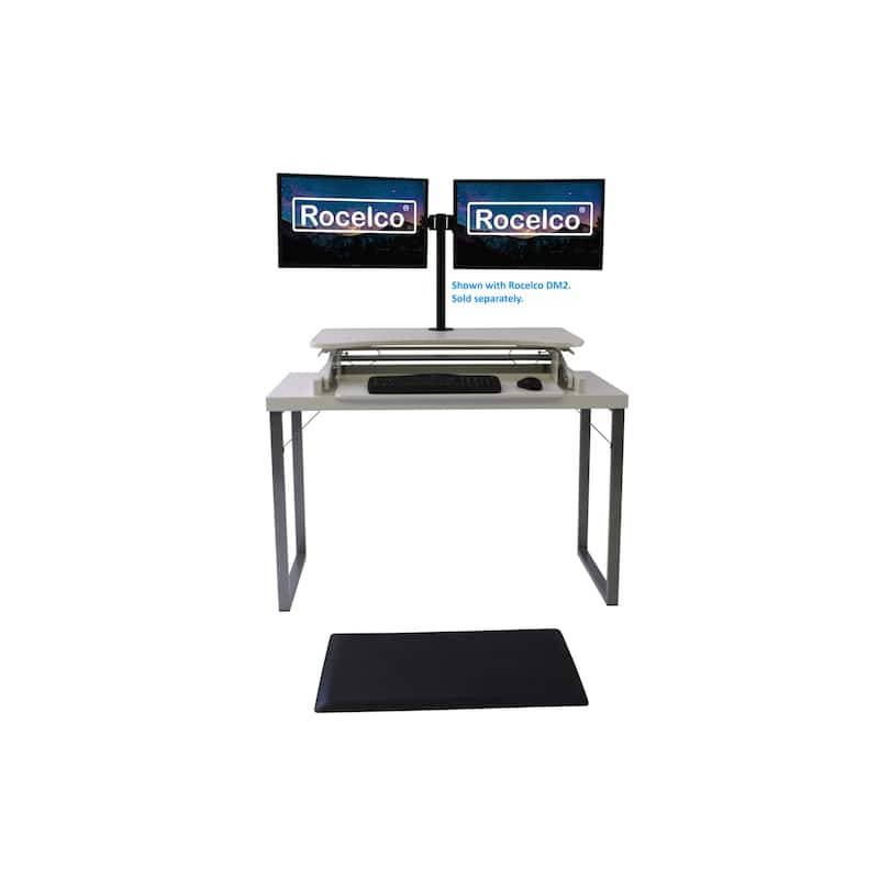 Rocelco 37.5 in. W White Deluxe Height Adjustable Standing Desk Converter with Anti Fatigue Mat and Deep Keyboard Tray