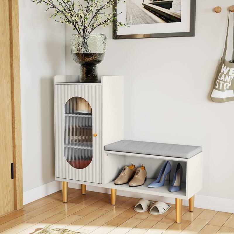 L-Shaped Shoe Storage Bench with Padded Seat, Modern Organizer with Glass Door and Shelf