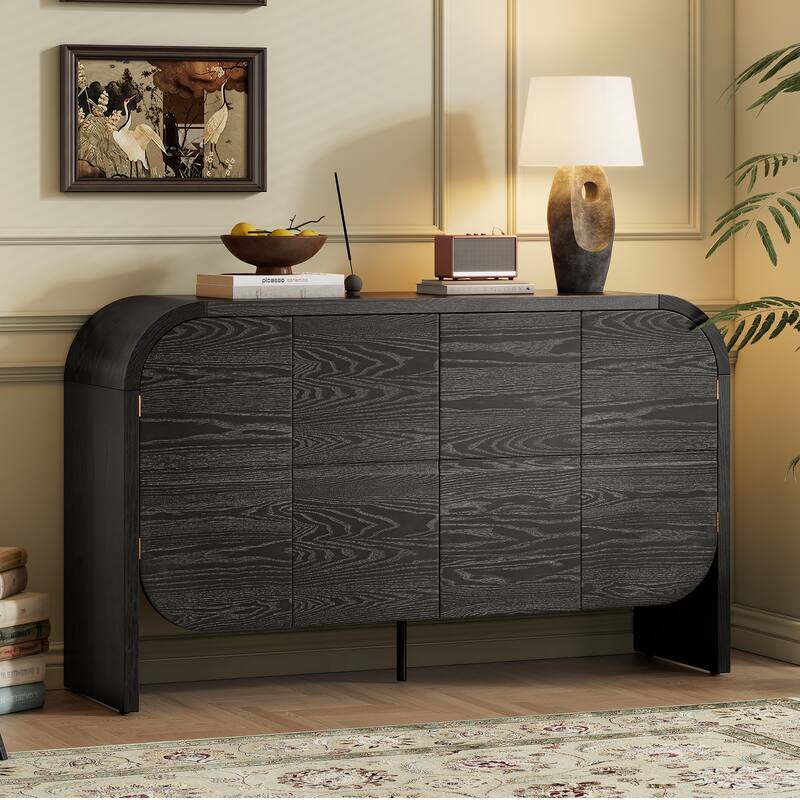 Buffet Cabinet with Storage, Wood Sideboard Cabinet with Curvy Edge, 4 Doors Retro Credenza Storage Cabinet