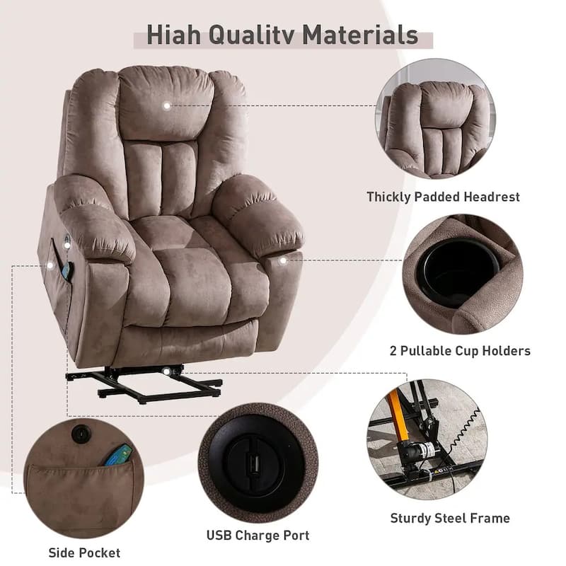 Oversized Power Assist Lift Recliner Chair With Massage and Heating with 2 Concealed Cup Holders for Elderly