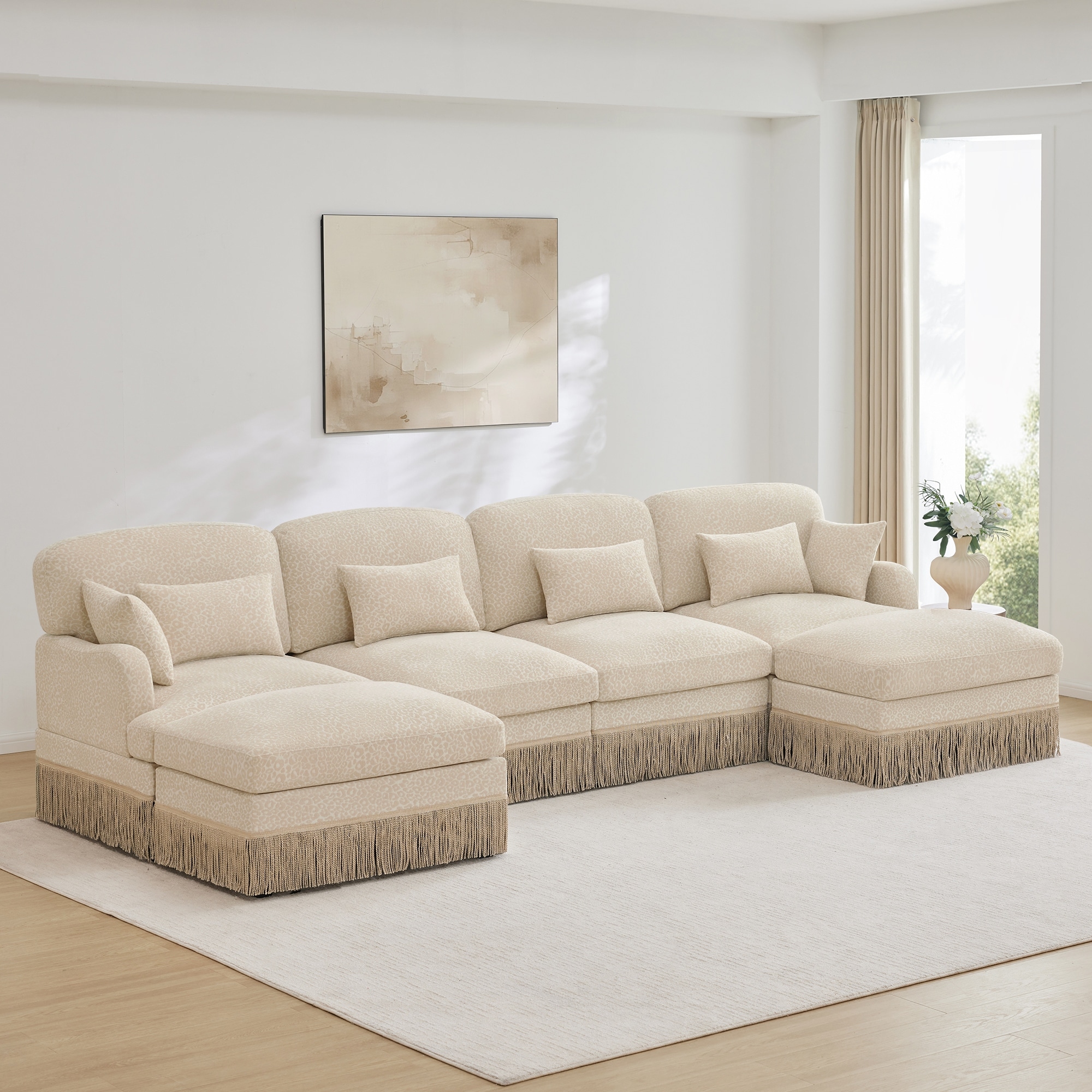 GDFStudio - 131" Leopard Print Chenille U-Shaped 4-Seater Modular Sofa with Tassel Edge & 2 Movable Ottomans