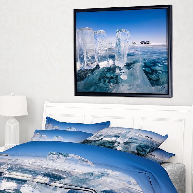 Designart "Blue Ice and Off road Cars" Landscape Artwork Print on Framed Canvas