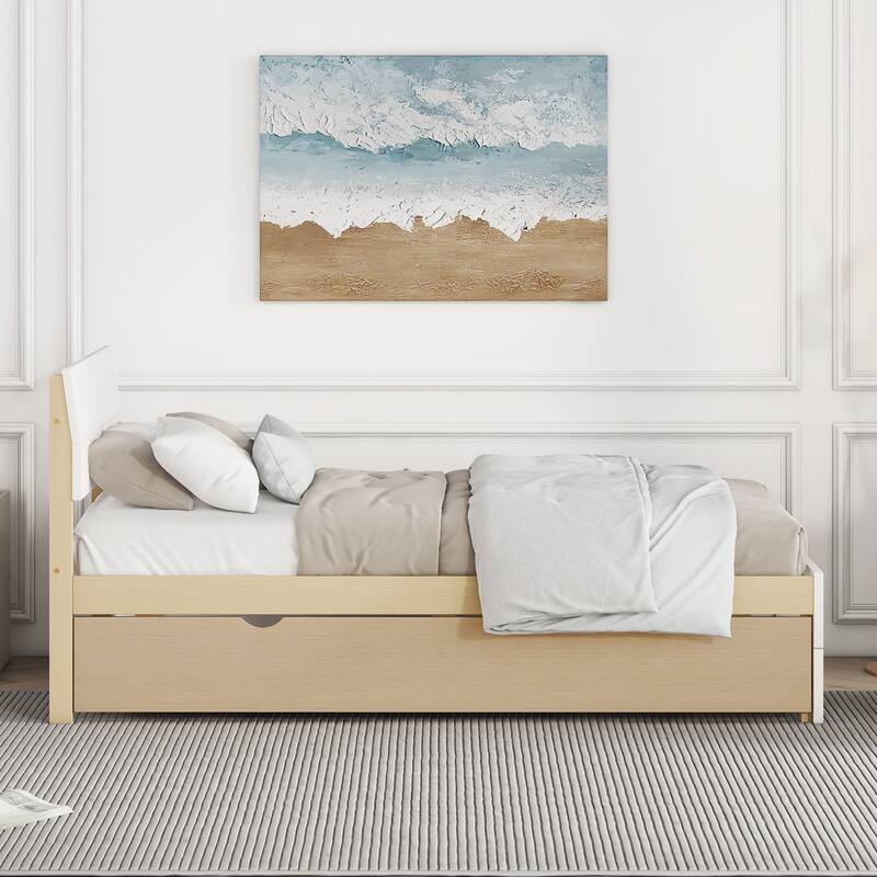 Modern Twin Size Platform Bed with Light Oak Trundle,High Gloss Headboard and Footboard