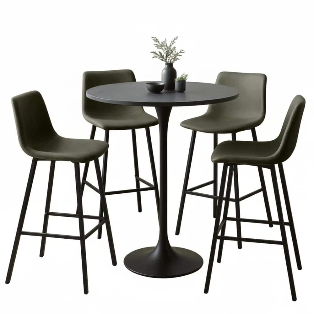 Elland 5-Piece Bar-Height Dining Set with Round MDF Bar Table and Upholstered Leather Bar Stools