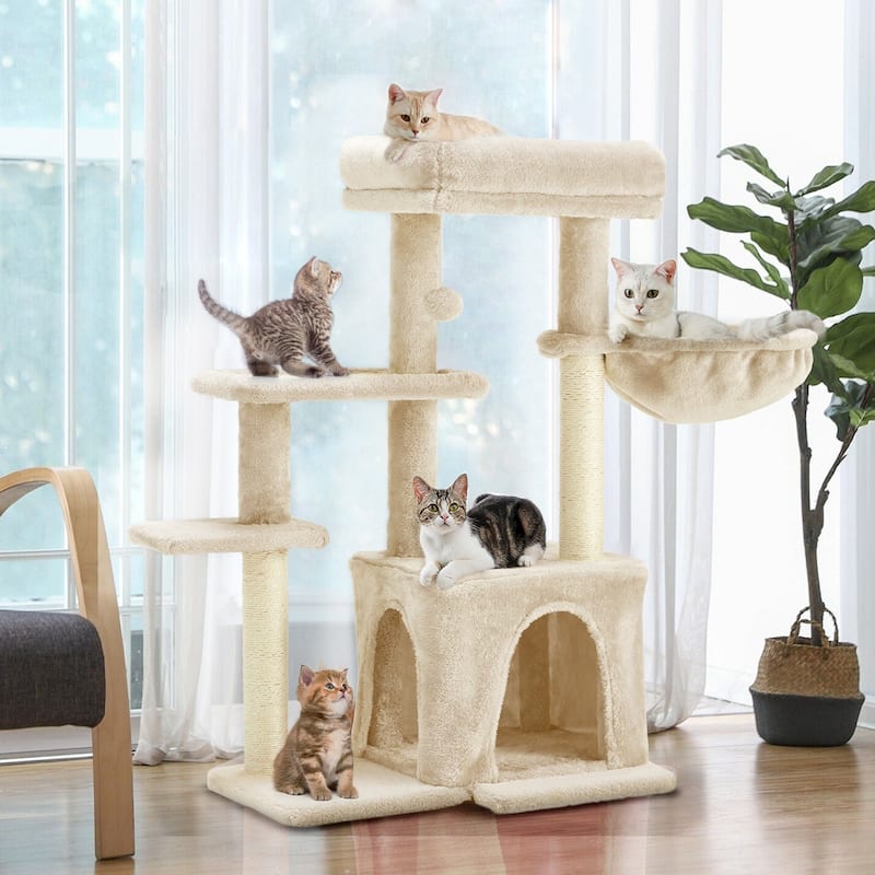 EROMMY Cat Tree – Multi-Level Cat Tower with Sisal Scratching Posts & Swing Ball, Modern Cat Furniture for Indoor Cats - Medium - Beige