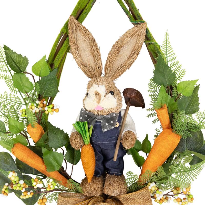 Farmer Bunny Moss Vines Teardrop Easter Wreath - 22" - Green and Orange - Unlit