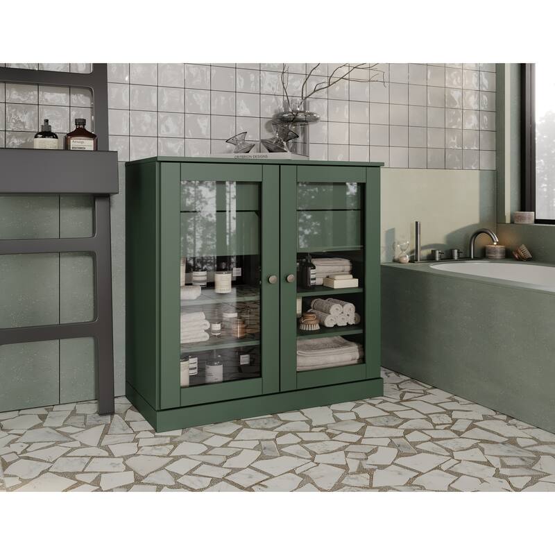 Palace Imports 100% Solid Wood 32" Bathroom Cabinet with Clear Glass Doors, 2-Drawers and Adjustable Shelves - Green