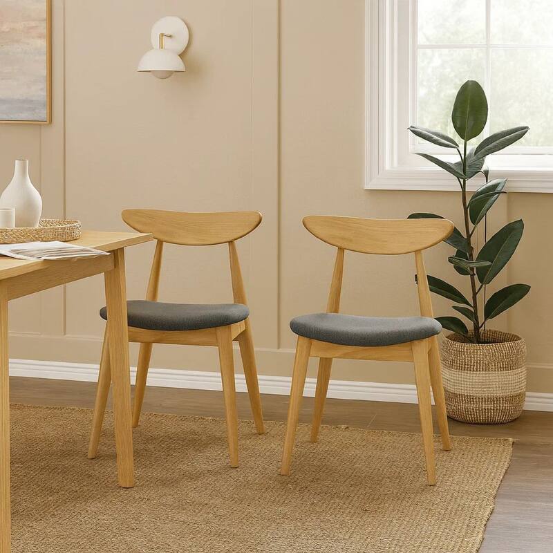 Hoso Dining Chair Set of 2, Curved, Dark Gray Padded, Natural Brown