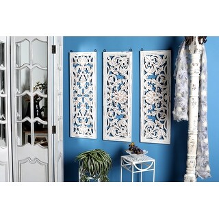 White Wooden Handmade Intricately Carved Floral Home Wall Decor (Set of ...