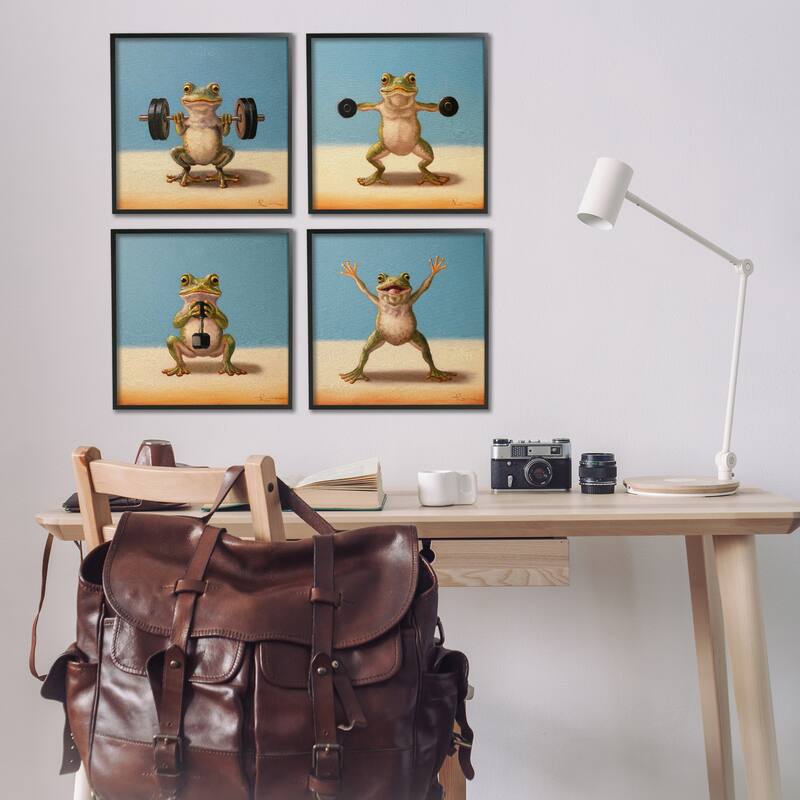 Stupell Weightlifting Frogs Various Workouts Framed Giclee Art Design By Lucia Heffernan (Set of 4)