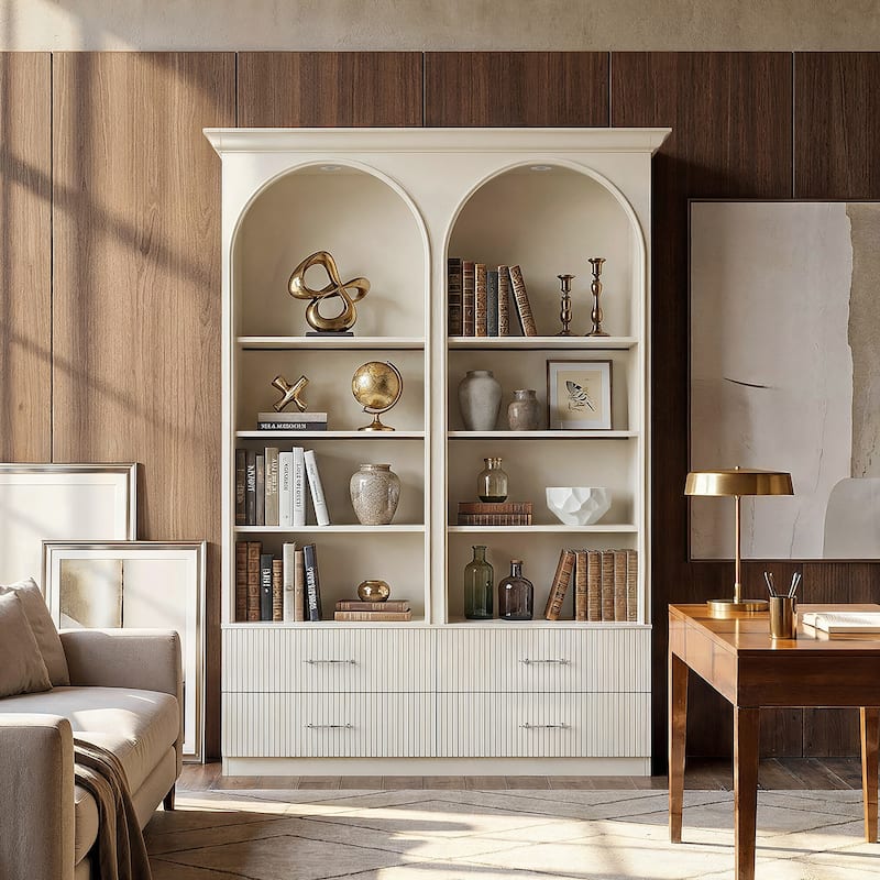 Modular Bookcase with LED Lights, Glass Door Storage Cabinet with Drawers, Large Display Shelving Unit Sideboard