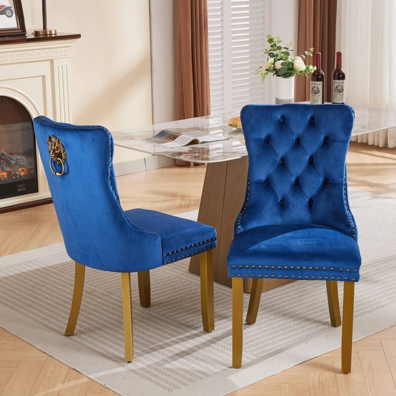 Mid-Century Chairs with Lion Head Pull Ring,High-end Tufted Solid Wood Upholstered Dining Chair with Wooden Legs,2-Pcs Set