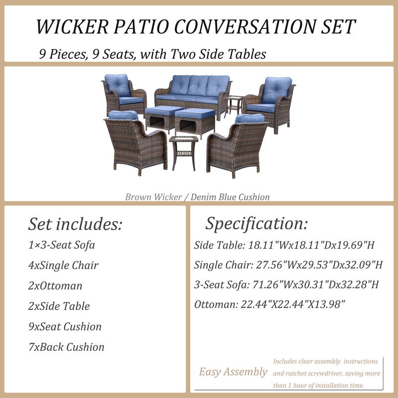 9 Piece Outdoor Patio Conversation Wicker Furniture Sofa Seating Sets