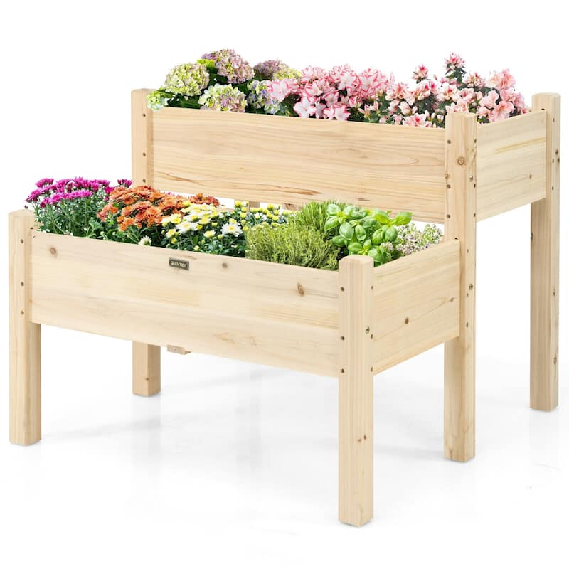 Costway 2 Tier Wooden Raised Garden Bed Elevated Planter Box w/Legs - Natural