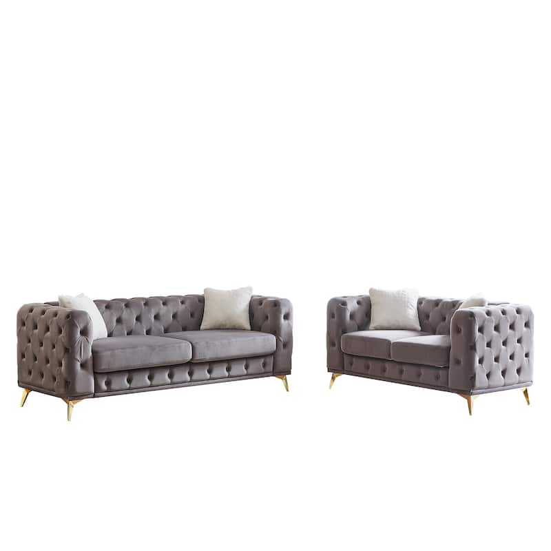 2+3 Seater Chesterfield Sofa Set, Velvet Loveseat & Deep Seat Lounge Couch with Tufted Design and Removable Cushions