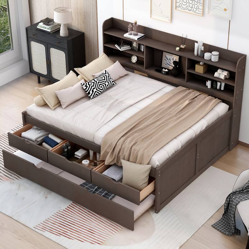 Full Size Wooden Bed with Bookcase Headboard, Three Storage Drawers, and Trundle for Space-Saving Design - Antique Gray