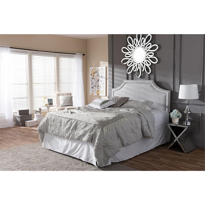 Upholstered Fabric Headboard with Double Nailhead Trim, Adjustable Height, and Modern Cut-Out Corner Design